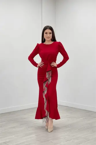 Imported Crepe Fabric Stone Tassel Detailed Evening Dress - RED - 1