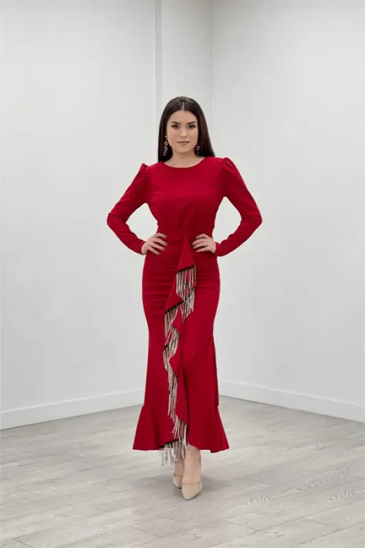 Imported Crepe Fabric Stone Tassel Detailed Evening Dress - RED - BÜYÜKBEDENIZ