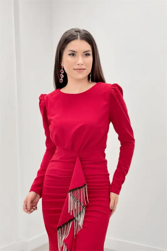 Imported Crepe Fabric Stone Tassel Detailed Evening Dress - RED - 3