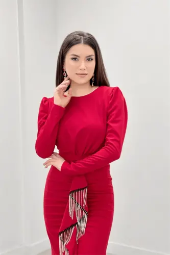 Imported Crepe Fabric Stone Tassel Detailed Evening Dress - RED - 4