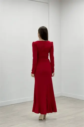 Imported Crepe Fabric Stone Tassel Detailed Evening Dress - RED - 5