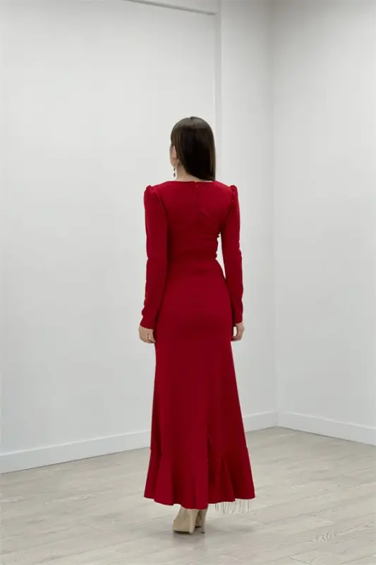 Imported Crepe Fabric Stone Tassel Detailed Evening Dress - RED - 5