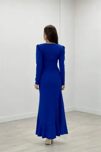 Imported Crepe Fabric Stone Tassel Detailed Evening Dress - SAXE BLUE - 5