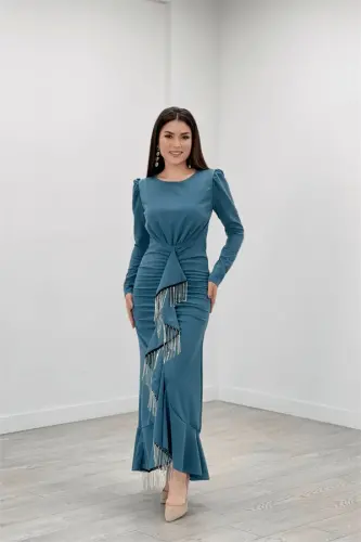 Imported Crepe Fabric Stone Tassel Detailed Evening Dress - SEA GREEN - 1