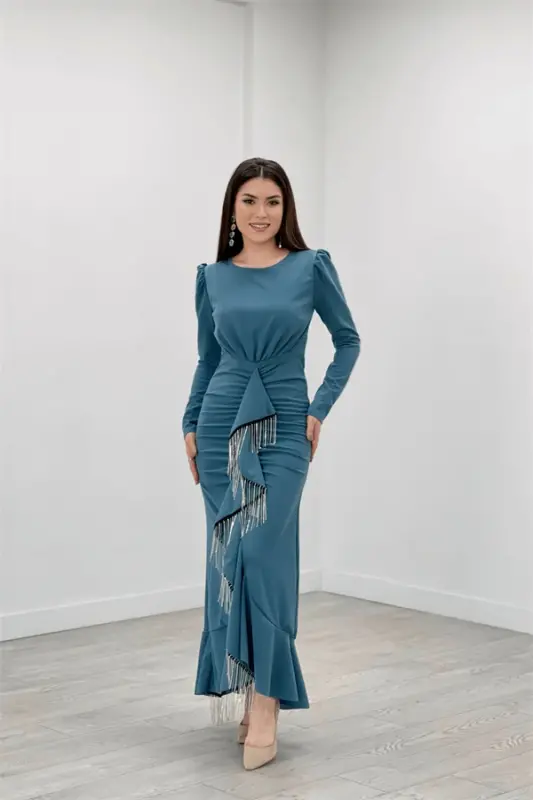 Imported Crepe Fabric Stone Tassel Detailed Evening Dress - SEA GREEN - 1