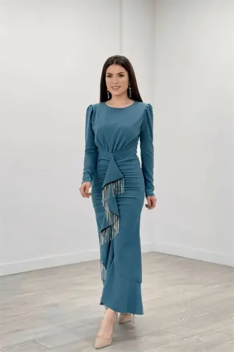 Imported Crepe Fabric Stone Tassel Detailed Evening Dress - SEA GREEN - BÜYÜKBEDENIZ (1)