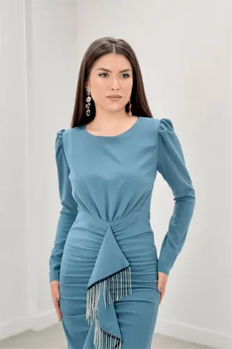 Imported Crepe Fabric Stone Tassel Detailed Evening Dress - SEA GREEN - 3