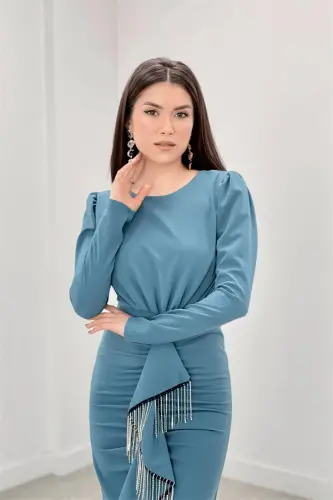 Imported Crepe Fabric Stone Tassel Detailed Evening Dress - SEA GREEN - 4