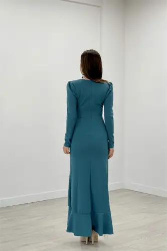 Imported Crepe Fabric Stone Tassel Detailed Evening Dress - SEA GREEN - 5