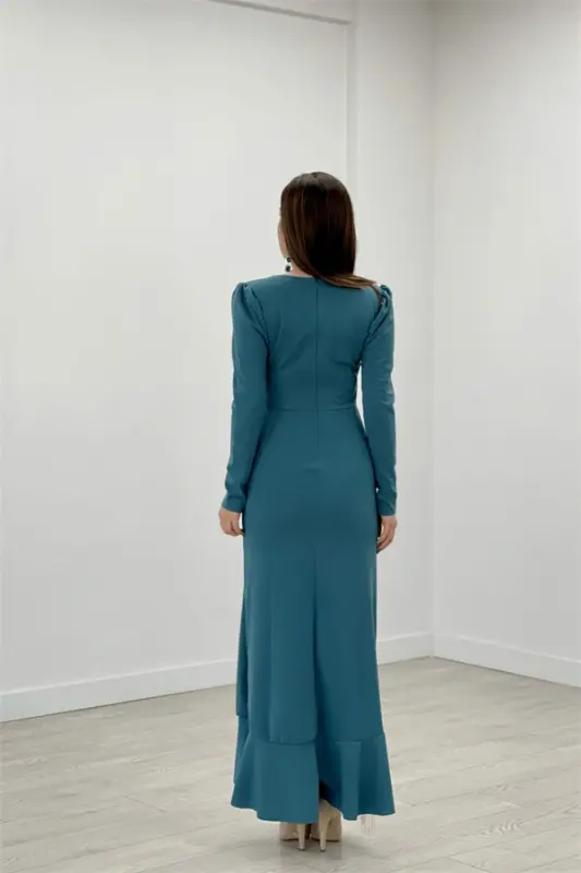 Imported Crepe Fabric Stone Tassel Detailed Evening Dress - SEA GREEN - 5