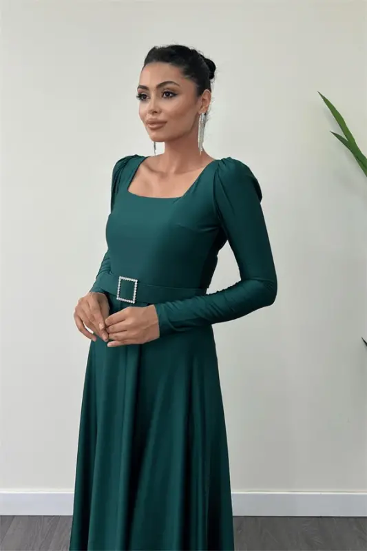 Imported Crepe Satin Fabric Square Neck Flared Dress - EMERALD GREEN - 3