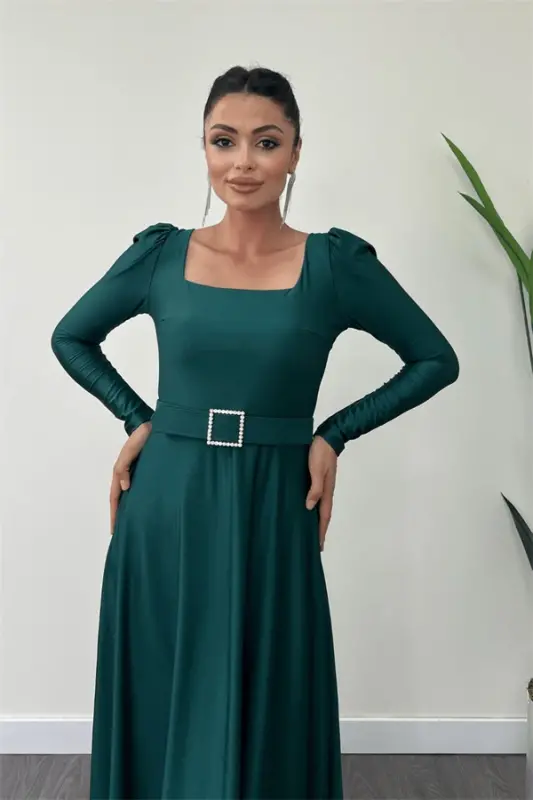 Imported Crepe Satin Fabric Square Neck Flared Dress - EMERALD GREEN - 4