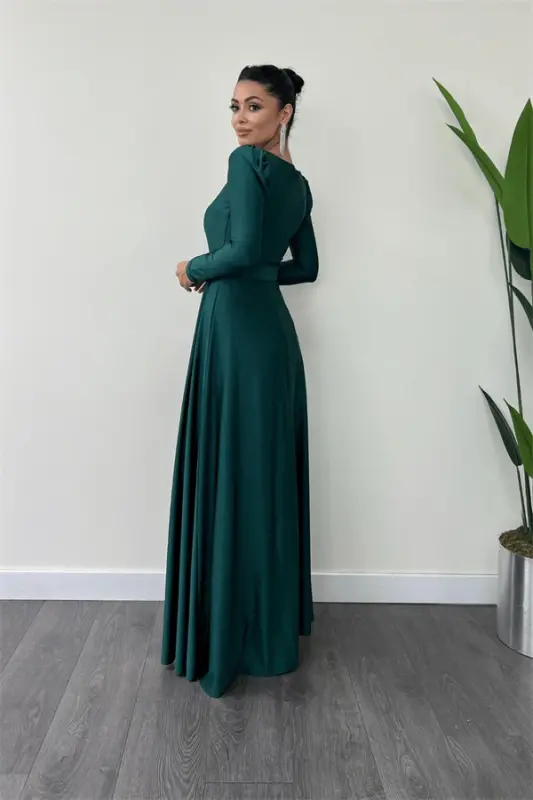 Imported Crepe Satin Fabric Square Neck Flared Dress - EMERALD GREEN - 5