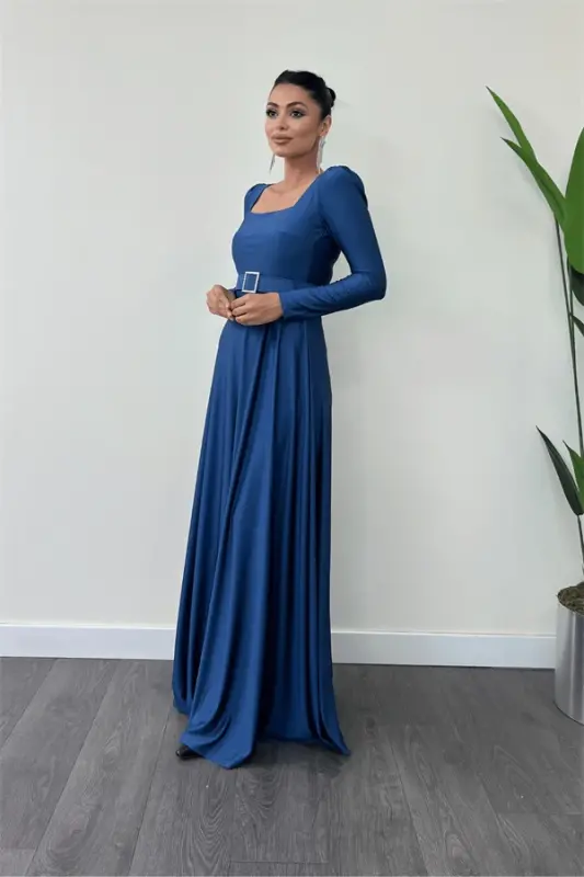 Imported Crepe Satin Fabric Square Neck Flared Dress - INDIGO BLUE - BÜYÜKBEDENIZ