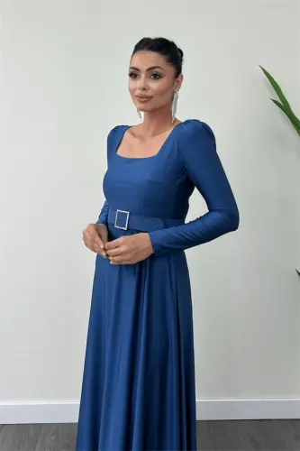 Imported Crepe Satin Fabric Square Neck Flared Dress - INDIGO BLUE - 4