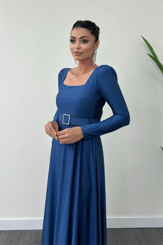 Imported Crepe Satin Fabric Square Neck Flared Dress - INDIGO BLUE - 4