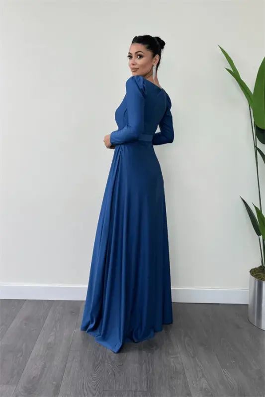 Imported Crepe Satin Fabric Square Neck Flared Dress - INDIGO BLUE - 5