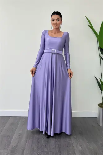 Imported Crepe Satin Fabric Square Neck Flared Dress - LILAC - BÜYÜKBEDENIZ (1)