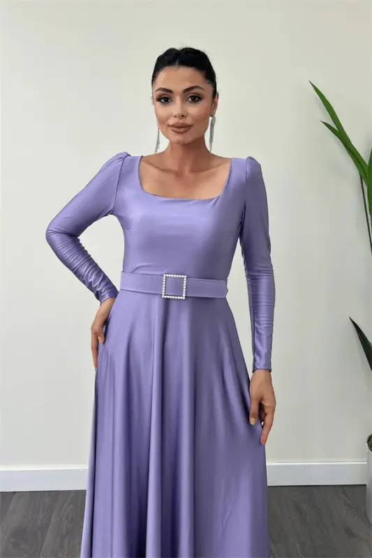 Imported Crepe Satin Fabric Square Neck Flared Dress - LILAC - 4
