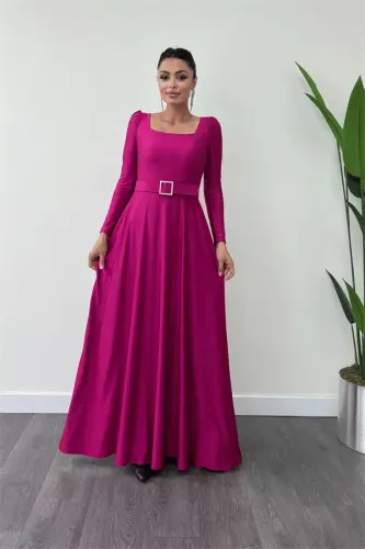 Imported Crepe Satin Fabric Square Neck Flared Dress - PLUM - BÜYÜKBEDENIZ (1)
