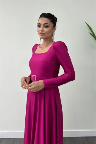 Imported Crepe Satin Fabric Square Neck Flared Dress - PLUM - 3