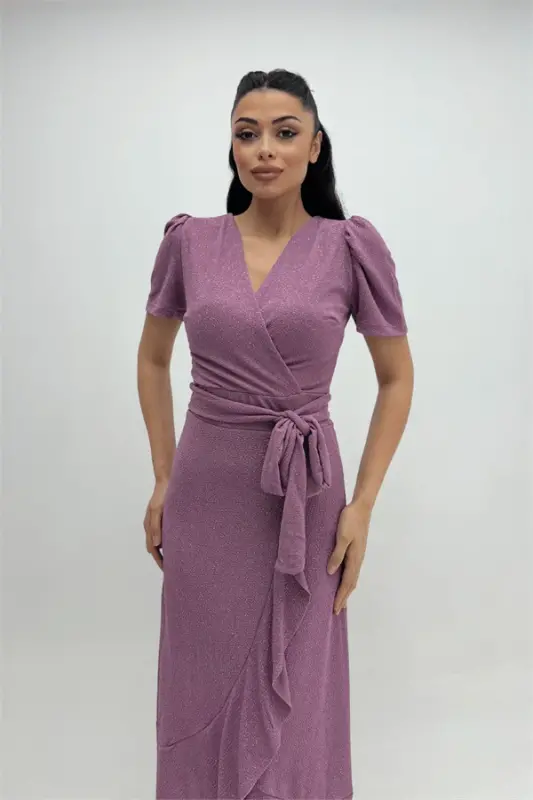 Imported Glitter Fabric Sash Detailed Midiboy Dress - POWDER - BÜYÜKBEDENIZ