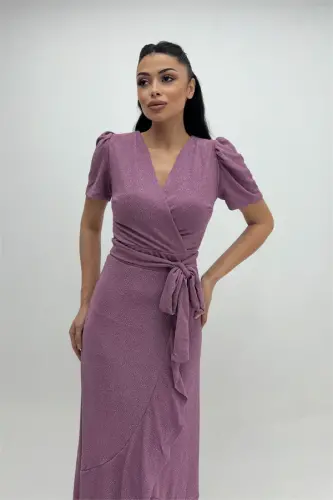 Imported Glitter Fabric Sash Detailed Midiboy Dress - POWDER - BÜYÜKBEDENIZ (1)