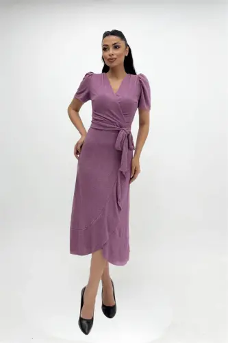 Imported Glitter Fabric Sash Detailed Midiboy Dress - POWDER - 3