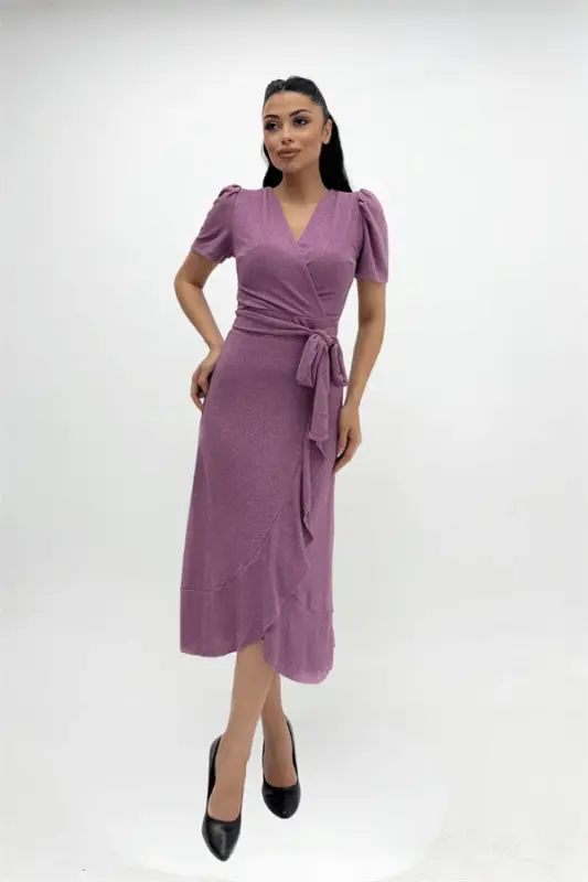 Imported Glitter Fabric Sash Detailed Midiboy Dress - POWDER - 3