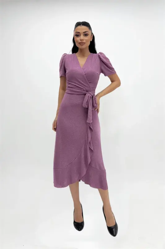 Imported Glitter Fabric Sash Detailed Midiboy Dress - POWDER - 4