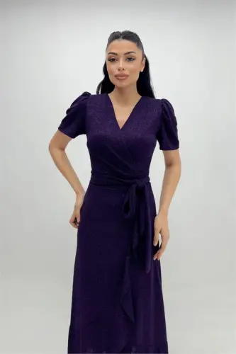 Imported Glittery Fabric Belt Detailed Midiboy Dress - EGGPLANT PURPLE - 1