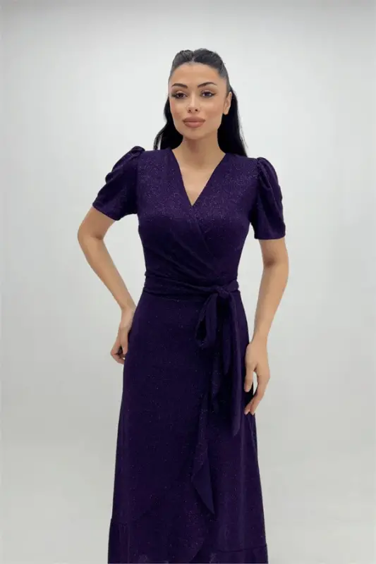 Imported Glittery Fabric Belt Detailed Midiboy Dress - EGGPLANT PURPLE - BÜYÜKBEDENIZ