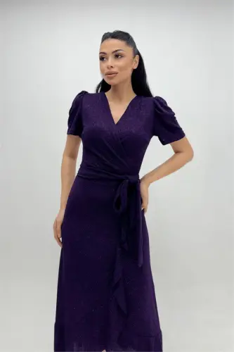 Imported Glittery Fabric Belt Detailed Midiboy Dress - EGGPLANT PURPLE - BÜYÜKBEDENIZ (1)