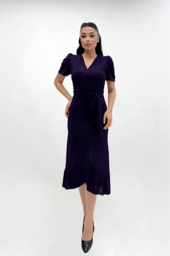 Imported Glittery Fabric Belt Detailed Midiboy Dress - EGGPLANT PURPLE - 4