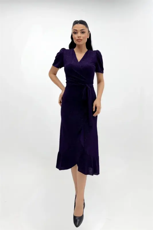 Imported Glittery Fabric Belt Detailed Midiboy Dress - EGGPLANT PURPLE - 4
