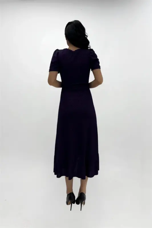 Imported Glittery Fabric Belt Detailed Midiboy Dress - EGGPLANT PURPLE - 5