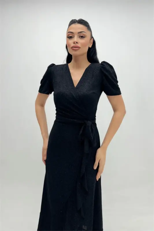 Imported Glittery Fabric Sash Detailed Midiboy Dress - BLACK - BÜYÜKBEDENIZ