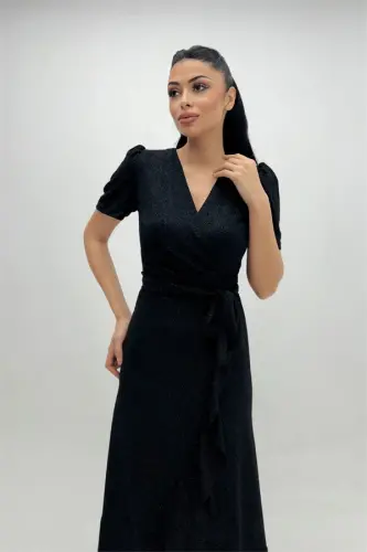 Imported Glittery Fabric Sash Detailed Midiboy Dress - BLACK - BÜYÜKBEDENIZ (1)