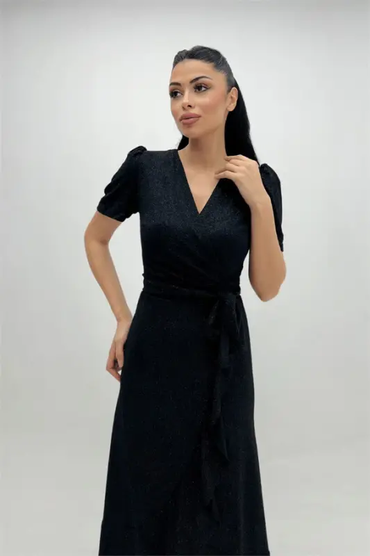 Imported Glittery Fabric Sash Detailed Midiboy Dress - BLACK - 2