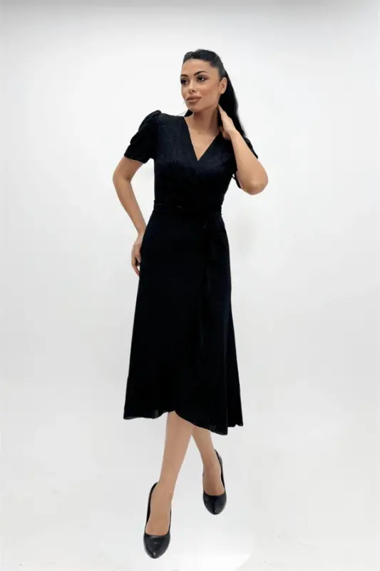 Imported Glittery Fabric Sash Detailed Midiboy Dress - BLACK - 3