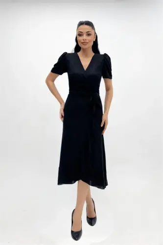 Imported Glittery Fabric Sash Detailed Midiboy Dress - BLACK - 4