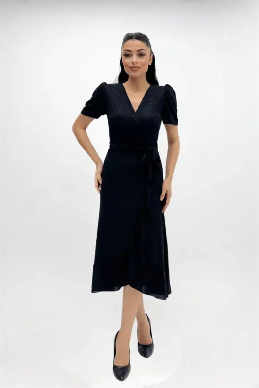 Imported Glittery Fabric Sash Detailed Midiboy Dress - BLACK - 4