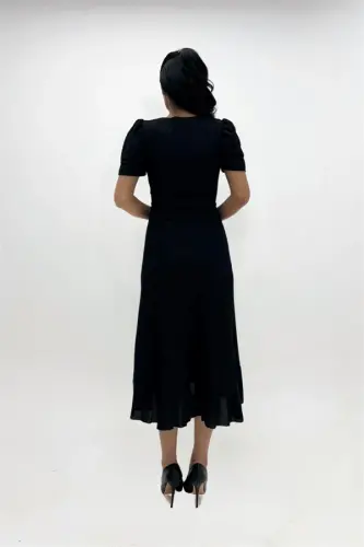 Imported Glittery Fabric Sash Detailed Midiboy Dress - BLACK - 5