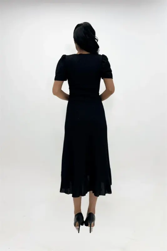 Imported Glittery Fabric Sash Detailed Midiboy Dress - BLACK - 5