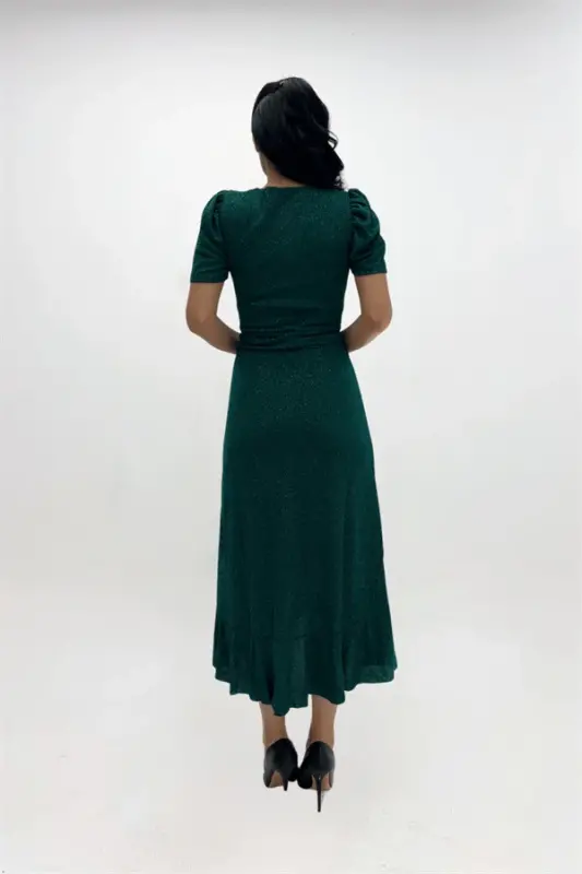 Imported Glittery Fabric Sash Detailed Midiboy Dress - EMERALD GREEN - 5