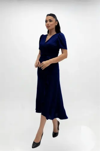 Imported Glittery Fabric Sash Detailed Midiboy Dress - SAXE BLUE - 4