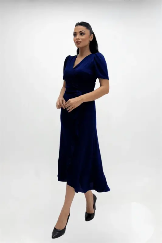 Imported Glittery Fabric Sash Detailed Midiboy Dress - SAXE BLUE - 4