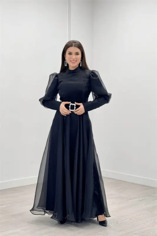 Imported Organza Crepe Fabric Evening Dress - BLACK - 2