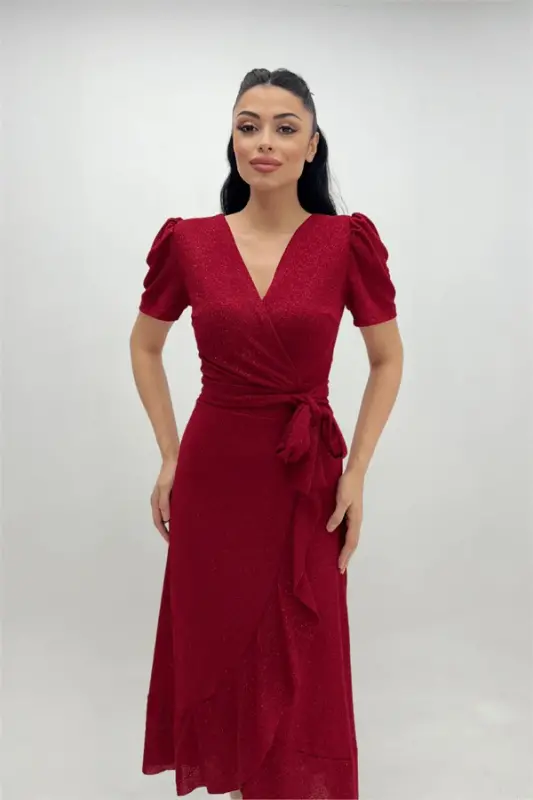 Imported Shimmering Fabric Belt Detail Midi Dress - RED - 1