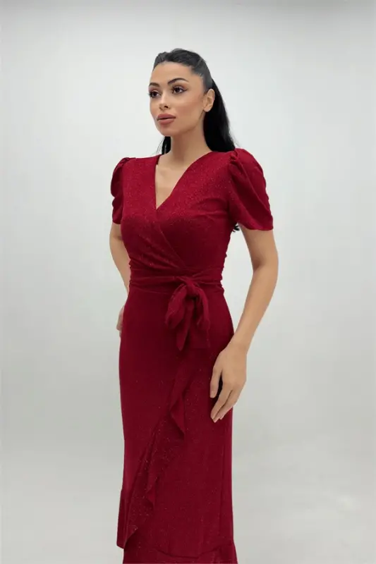 Imported Shimmering Fabric Belt Detail Midi Dress - RED - 2